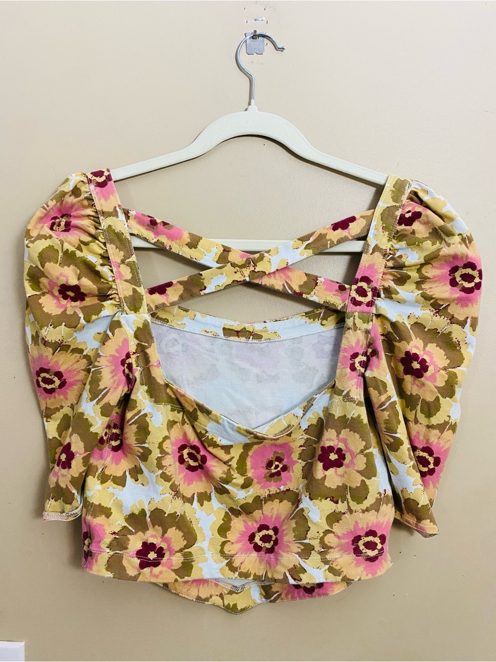 Free People Floral Square Neck Puff Sleeve Crop Top Pink Tan Floral Size Small - Picture 3 of 6